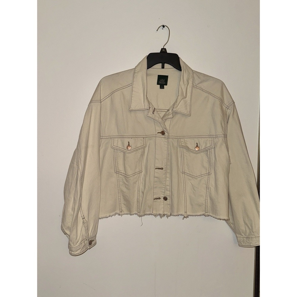 Wild Fable Cream Cropped Denim Trucker Jacket XL Raw Hem NWOT - Picture 4 of 11